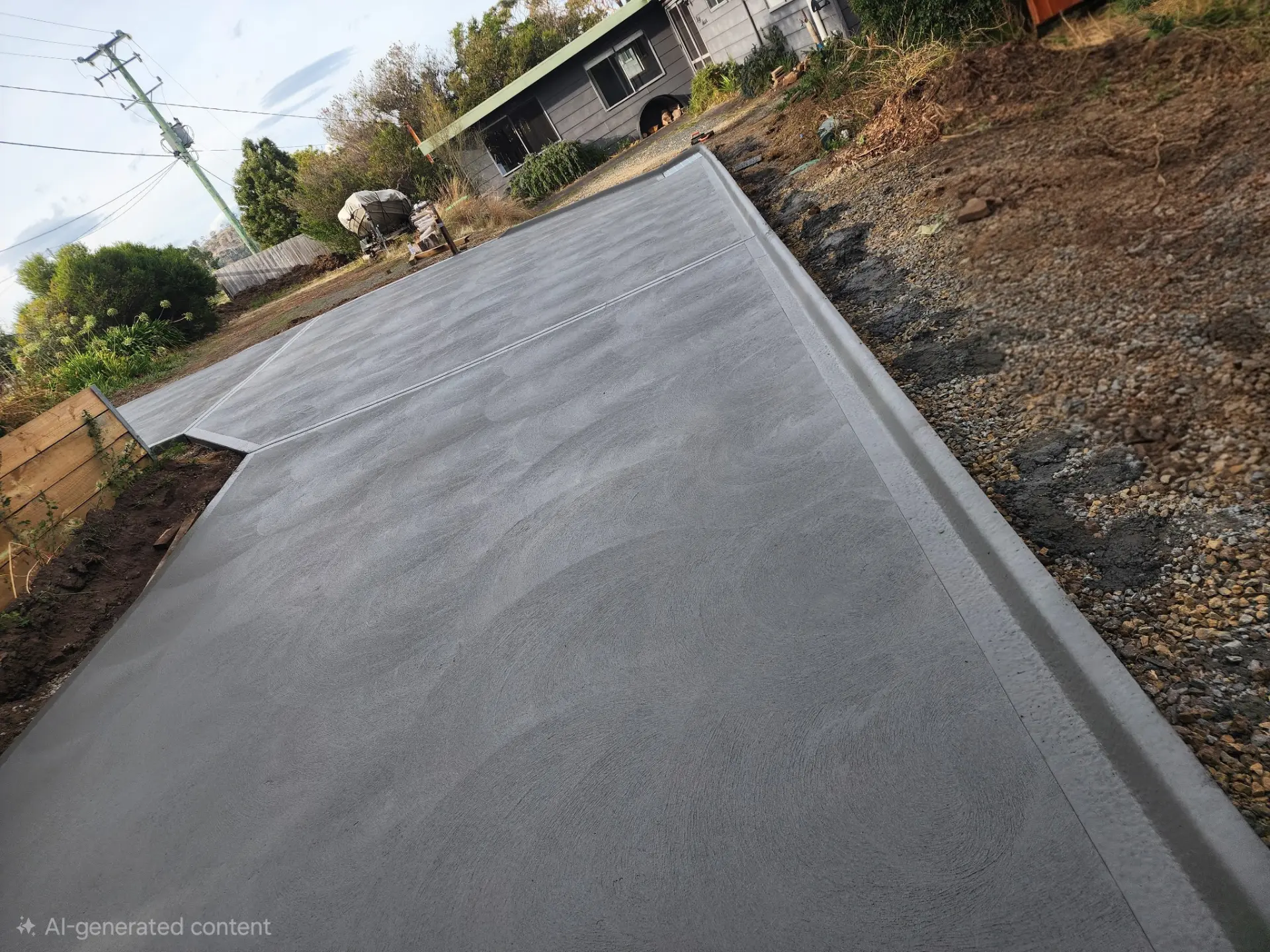 A broad finished concrete pour with a formed edge on a sloping rural block